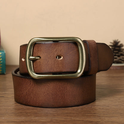 Vintage Distressed Men's Genuine Leather Belt, Classic Metal Buckle, Create Retro Trendy Style