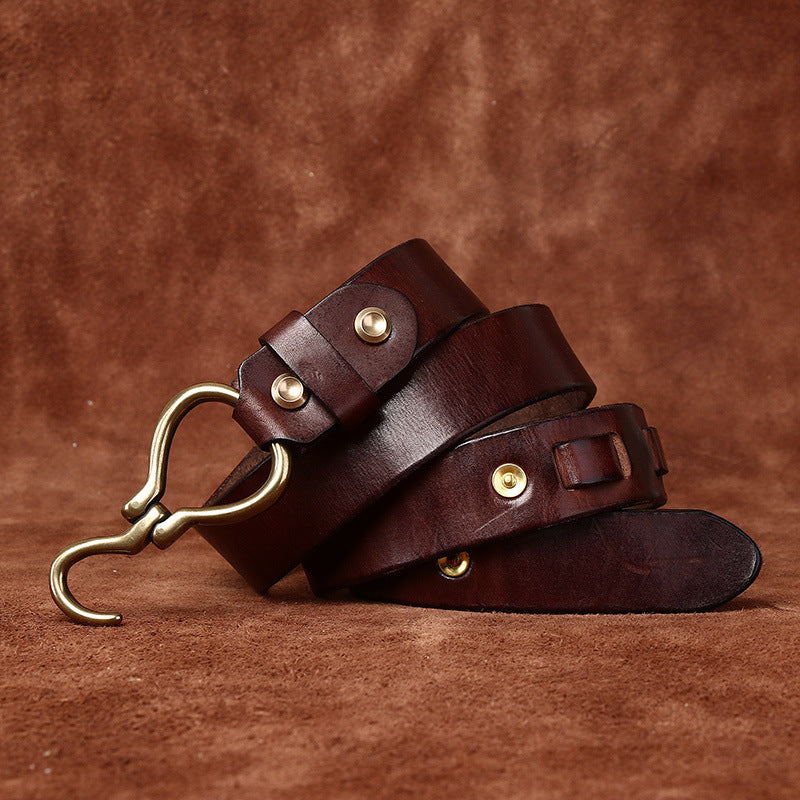 Vintage Distressed Men's Genuine Leather Belt, Unique Hook - Shaped Buckle, Fully Show Rugged and Uninhibited Style