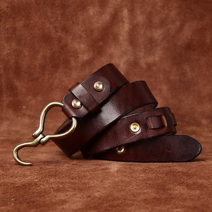 Vintage Distressed Men's Genuine Leather Belt, Unique Hook - Shaped Buckle, Fully Show Rugged and Uninhibited Style