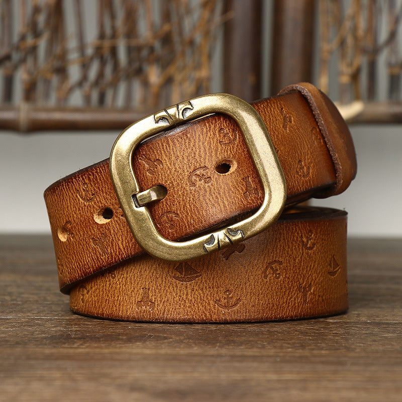 Men's Genuine Leather Belt with Bold Texture, Matte Metal Buckle Shapes a Stylish Silhouette