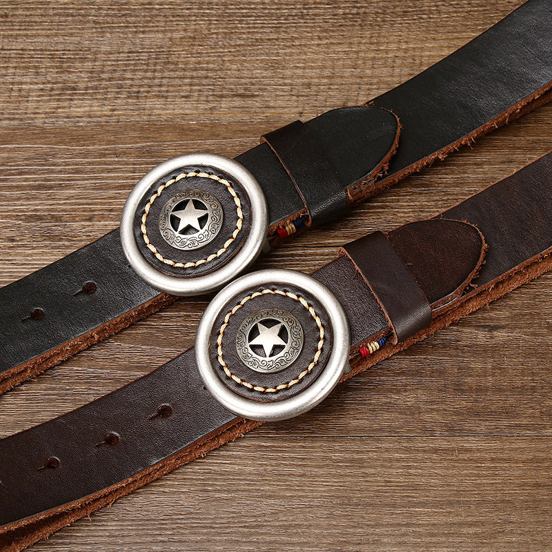Vintage Distressed Full-Grain Leather Men's Belt, Star Metal Buckle Workwear Style Personality Belt
