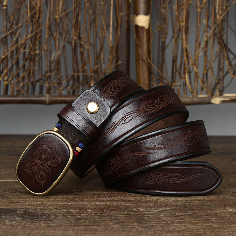 Men's Vintage Carved Genuine Leather Belt, With Unique Buckle, Showing Distinctive Style