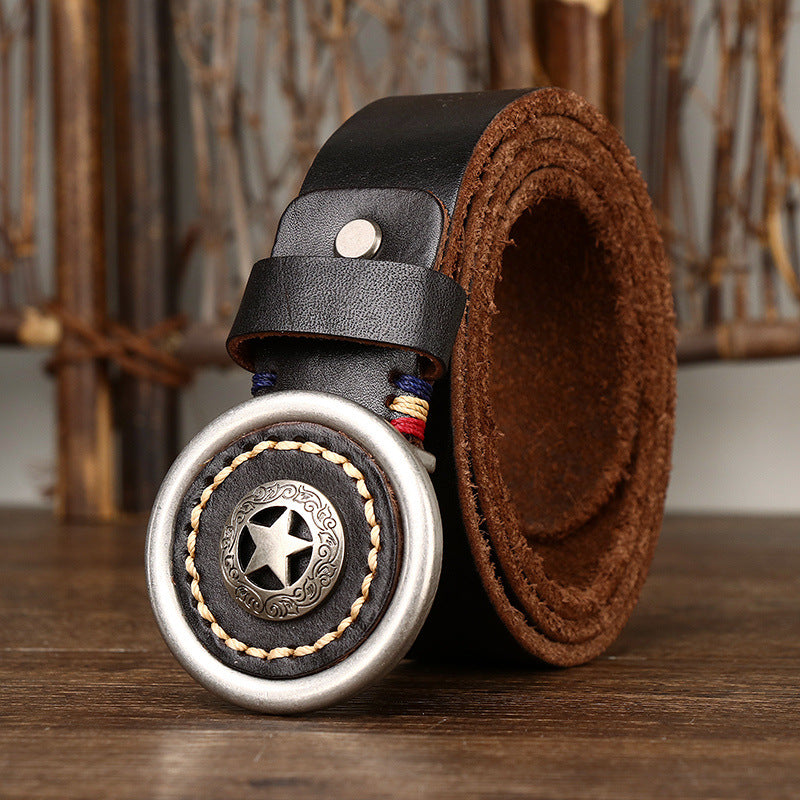 Vintage Distressed Full-Grain Leather Men's Belt, Star Metal Buckle Workwear Style Personality Belt