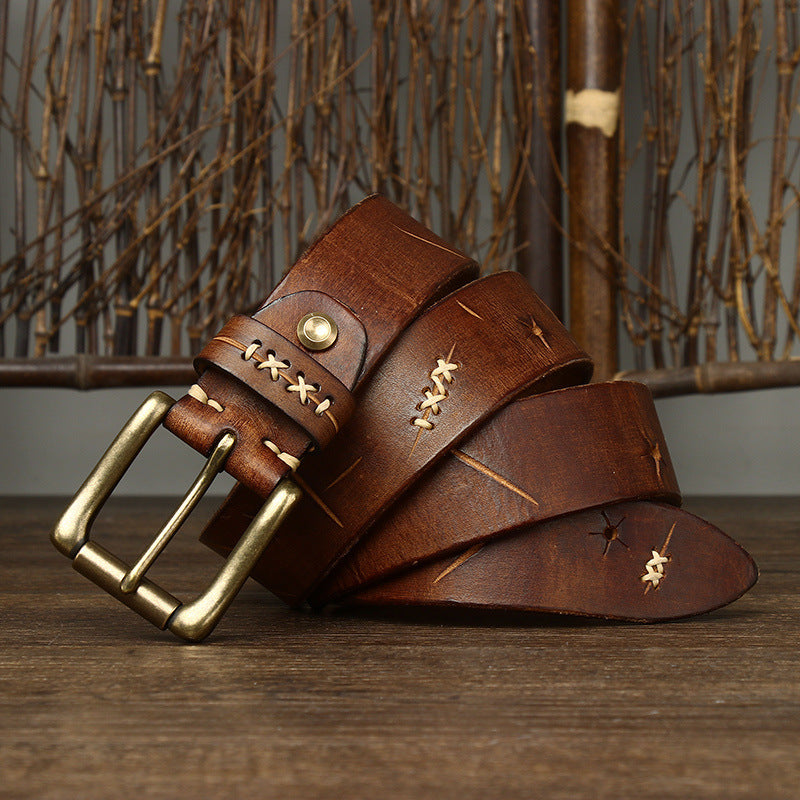 Vintage Distressed Men's Belt with Hand - Stitching