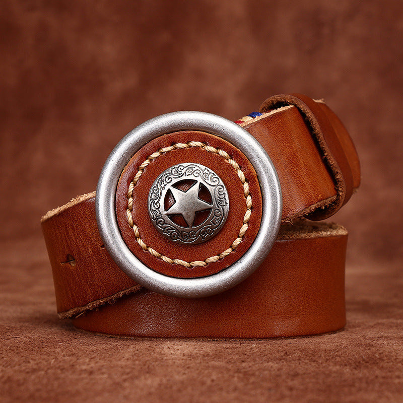 Vintage Distressed Full-Grain Leather Men's Belt, Star Metal Buckle Workwear Style Personality Belt