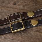 Retro Distressed Men's Genuine Leather Belt, Antique Copper Square Buckle with Contrast Stitching for Workwear Style