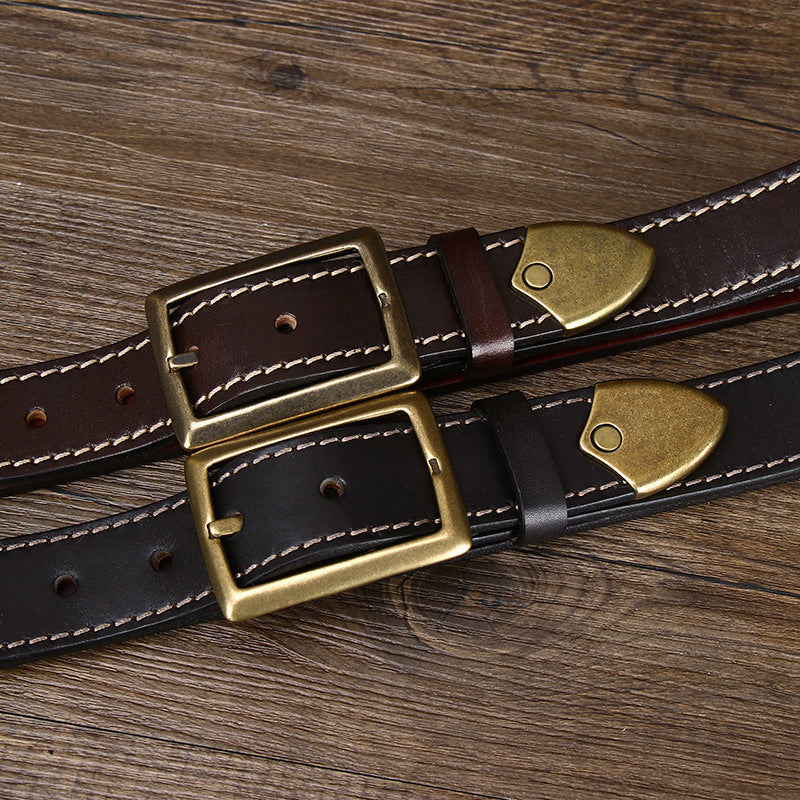 Retro Distressed Men's Genuine Leather Belt, Antique Copper Square Buckle with Contrast Stitching for Workwear Style