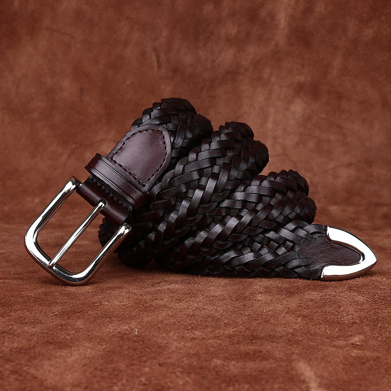 Men's Genuine Leather Belt with Woven Texture, Accented by Metal Buckle, Creating Casual Fashion Sense