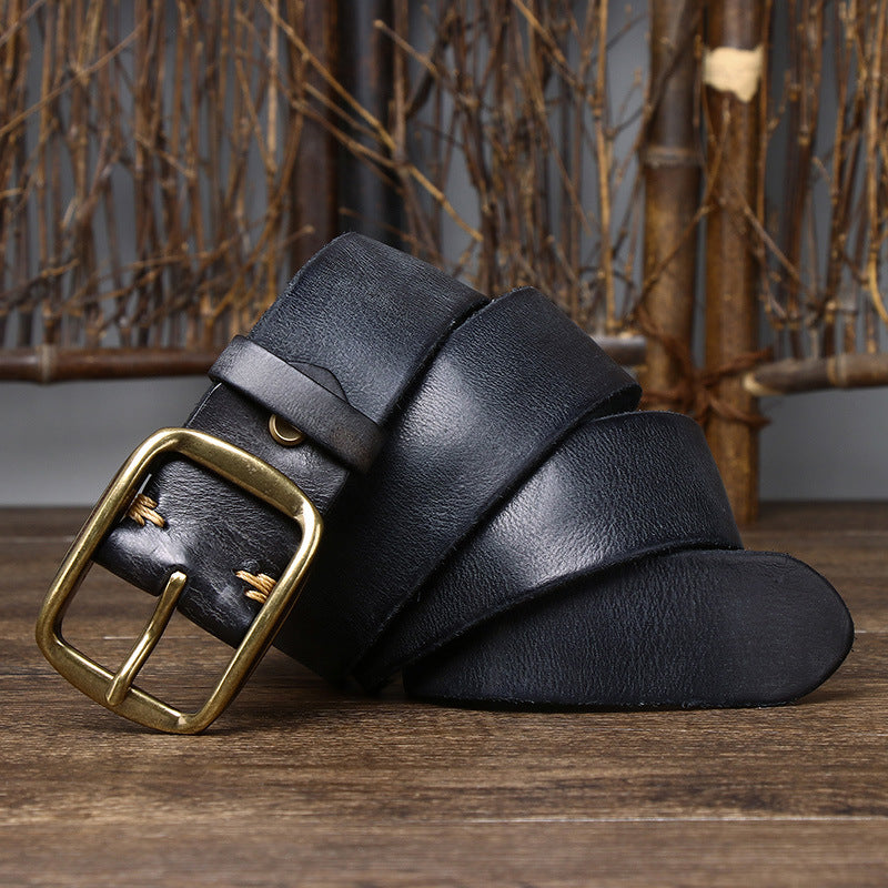 Vintage Distressed Men's Genuine Leather Belt, Classic Metal Buckle, Fully Show Retro Trendy Style