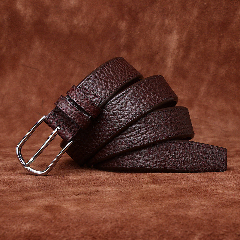 Textured Lychee Pattern Men's Genuine Leather Belt, Silver Pin Buckle for Business and Casual Wear in Multiple Colors