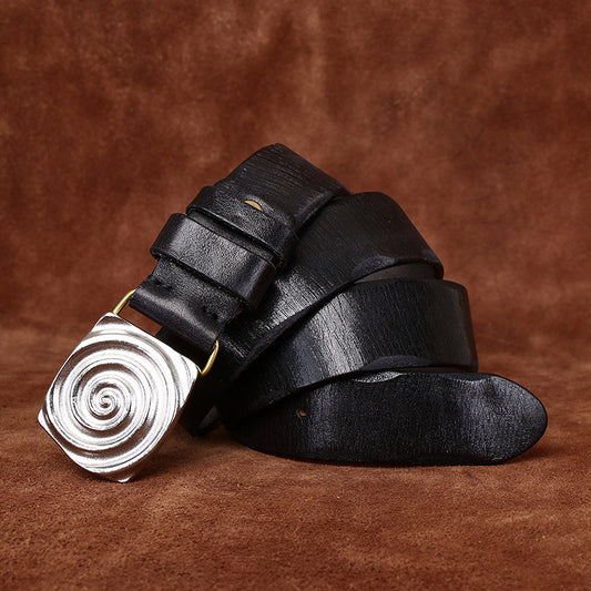 Retro Style Men's Cowhide Belt, Spiral Pattern Metal Buckle Multi-Color Trendy Waistband