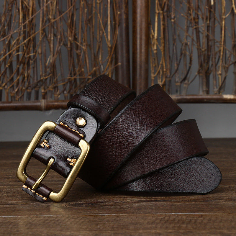 Vintage Distressed Men's Genuine Leather Belt, Classic Metal Buckle, Highlighting Retro Trendy Charm
