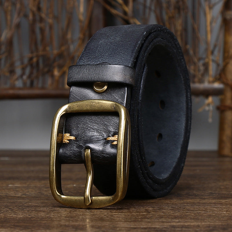 Vintage Distressed Men's Genuine Leather Belt, Classic Metal Buckle, Fully Show Retro Trendy Style