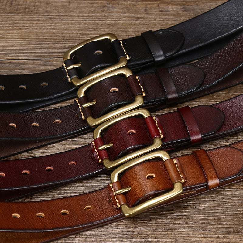 Vintage Distressed Men's Genuine Leather Belt, Classic Metal Buckle, Highlighting Retro Trendy Charm