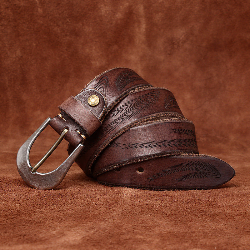 Retro Style Men's Cowhide Belt, Feather Embossed Metal Buckle Multi-Color Casual Waistband