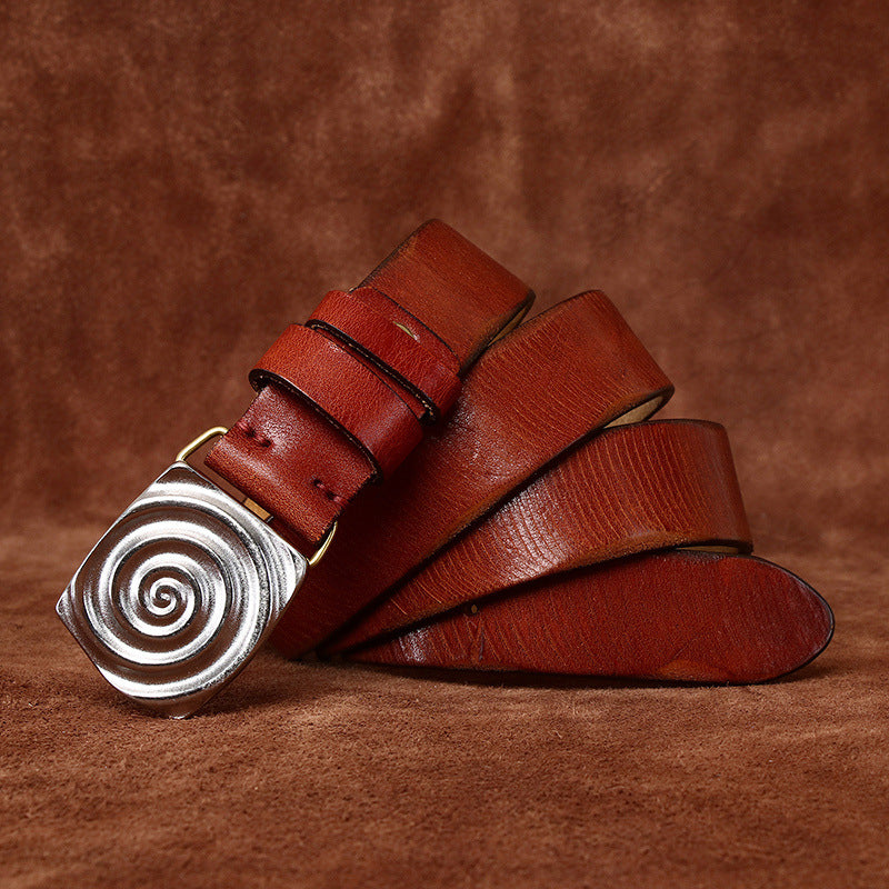 Retro Style Men's Cowhide Belt, Spiral Pattern Metal Buckle Multi-Color Trendy Waistband