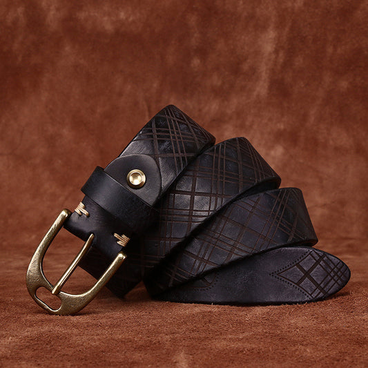 Retro Style Men's Cowhide Belt, Plaid Embossed Antique Copper Buckle Multi-Color Casual Waistband