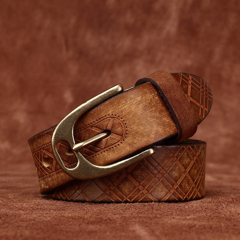Retro Style Men's Cowhide Belt, Plaid Embossed Antique Copper Buckle Multi-Color Casual Waistband