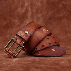 Vintage Distressed Men's Genuine Leather Belt, with Unique Stitching and Metal Buckle, Creating a Retro Trendy Style