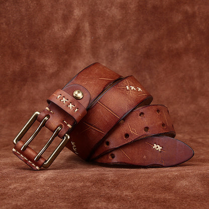 Vintage Distressed Men's Genuine Leather Belt, with Unique Stitching and Metal Buckle, Creating a Retro Trendy Style