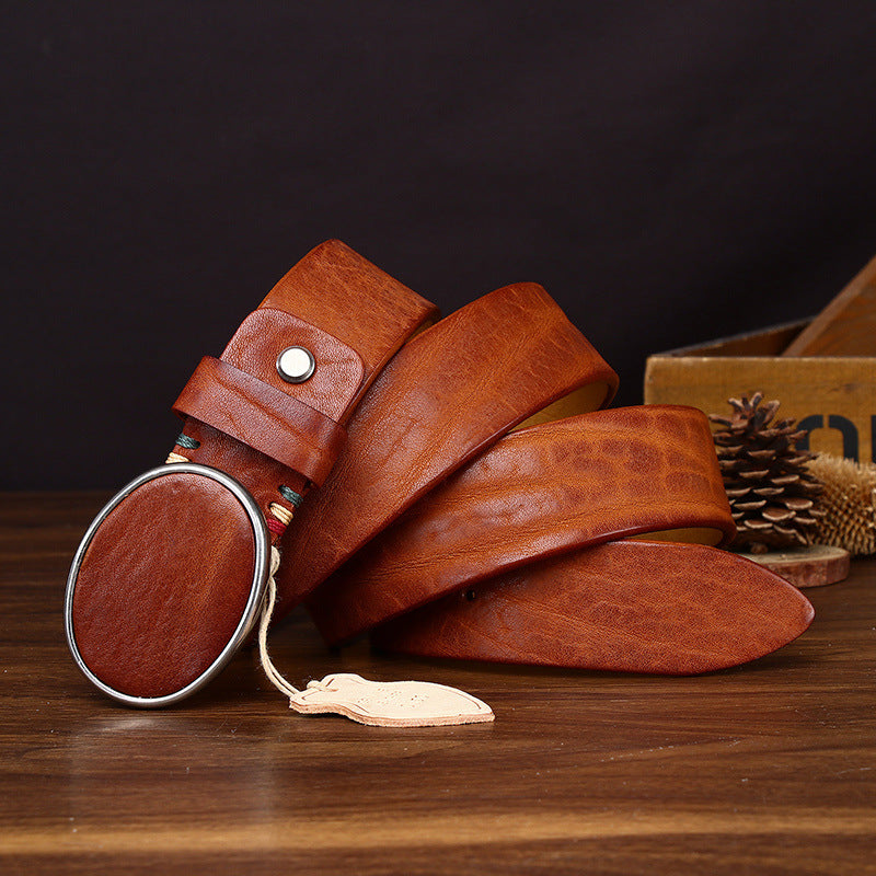 Black Genuine Leather Men's Belt, Oval Buckle Casual Waistband