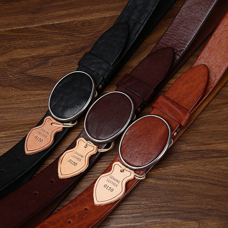 Black Genuine Leather Men's Belt, Oval Buckle Casual Waistband