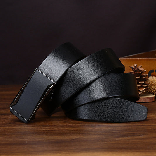 Men's Business Casual Automatic Buckle Belt, Minimalist Matte Black Buckle Genuine Leather Belt