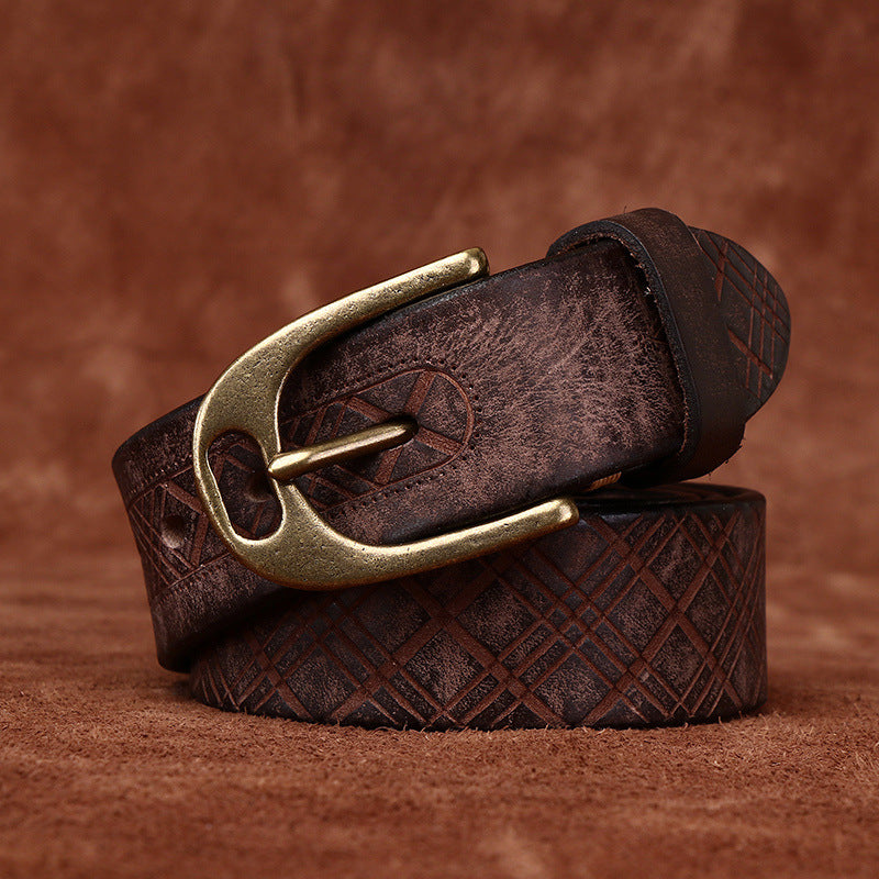 Retro Style Men's Cowhide Belt, Plaid Embossed Antique Copper Buckle Multi-Color Casual Waistband