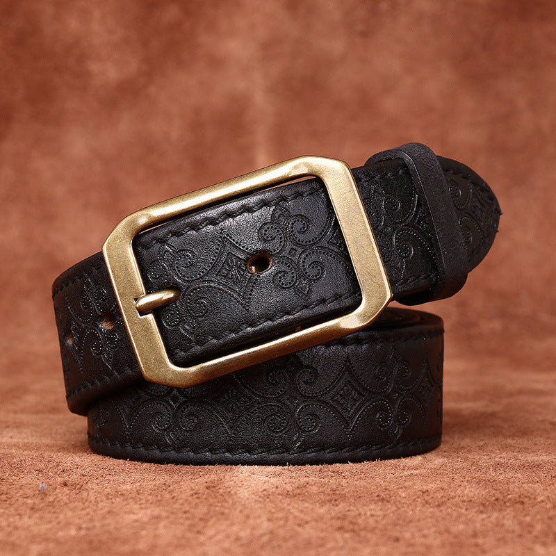 Retro Engraved Men's Genuine Leather Belt, Copper Square Buckle Vintage Craft Personality Belt