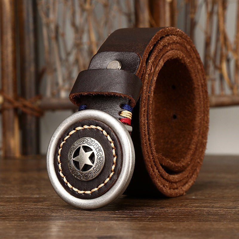 Vintage Distressed Full-Grain Leather Men's Belt, Star Metal Buckle Workwear Style Personality Belt