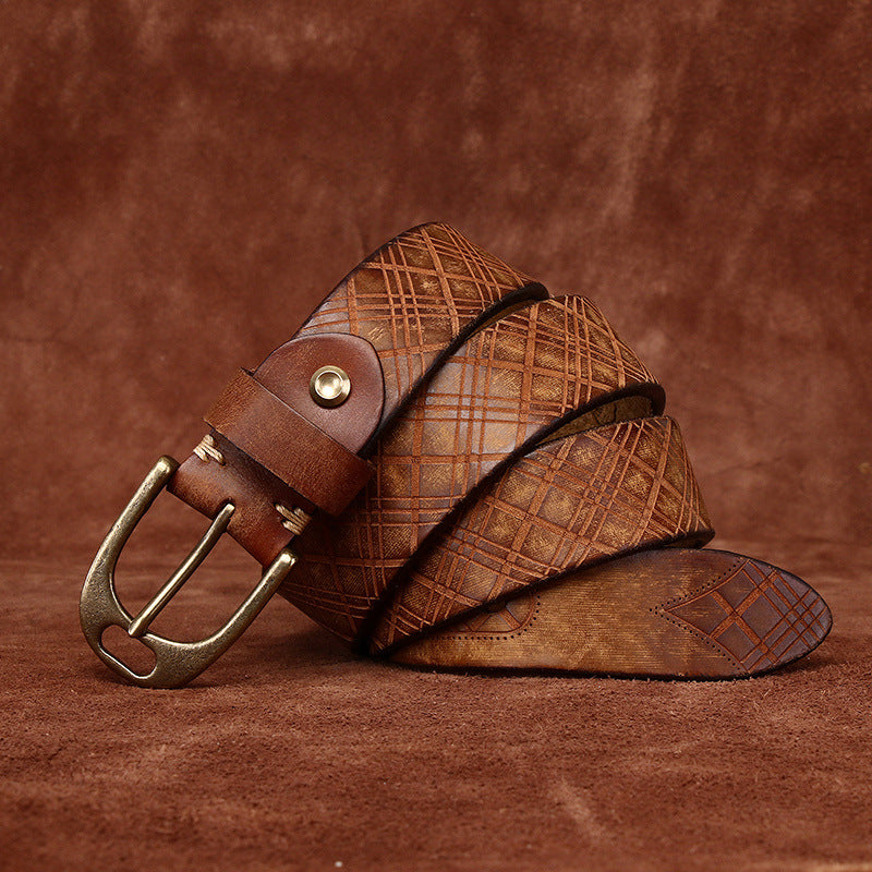 Retro Style Men's Cowhide Belt, Plaid Embossed Antique Copper Buckle Multi-Color Casual Waistband