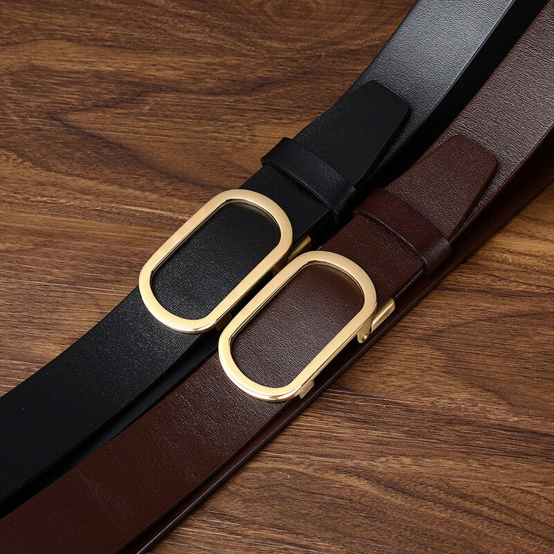 Minimalist and Stylish Men's Genuine Leather Belt with Gold Oval Buckle for Business and Casual Wear