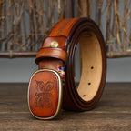 Men's Vintage Carved Genuine Leather Belt, With Unique Buckle, Showing Distinctive Style