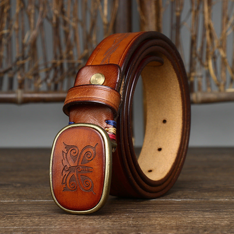 Men's Vintage Carved Genuine Leather Belt, With Unique Buckle, Showing Distinctive Style