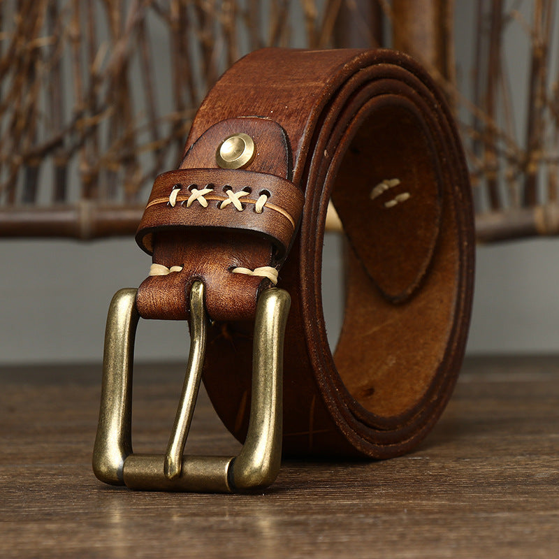 Vintage Distressed Men's Belt with Hand - Stitching