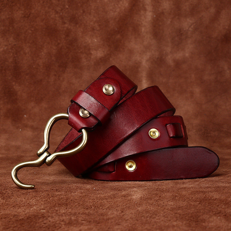 Vintage Distressed Men's Genuine Leather Belt, Unique Hook - Shaped Buckle, Fully Show Rugged and Uninhibited Style
