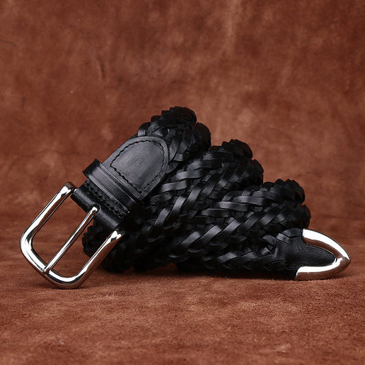 Men's Genuine Leather Belt with Woven Texture, Accented by Metal Buckle, Creating Casual Fashion Sense