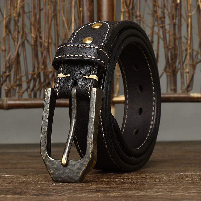 Retro Distressed Men's Genuine Leather Belt, Antique Copper Hammered Buckle with Contrast Stitching Workwear Belt