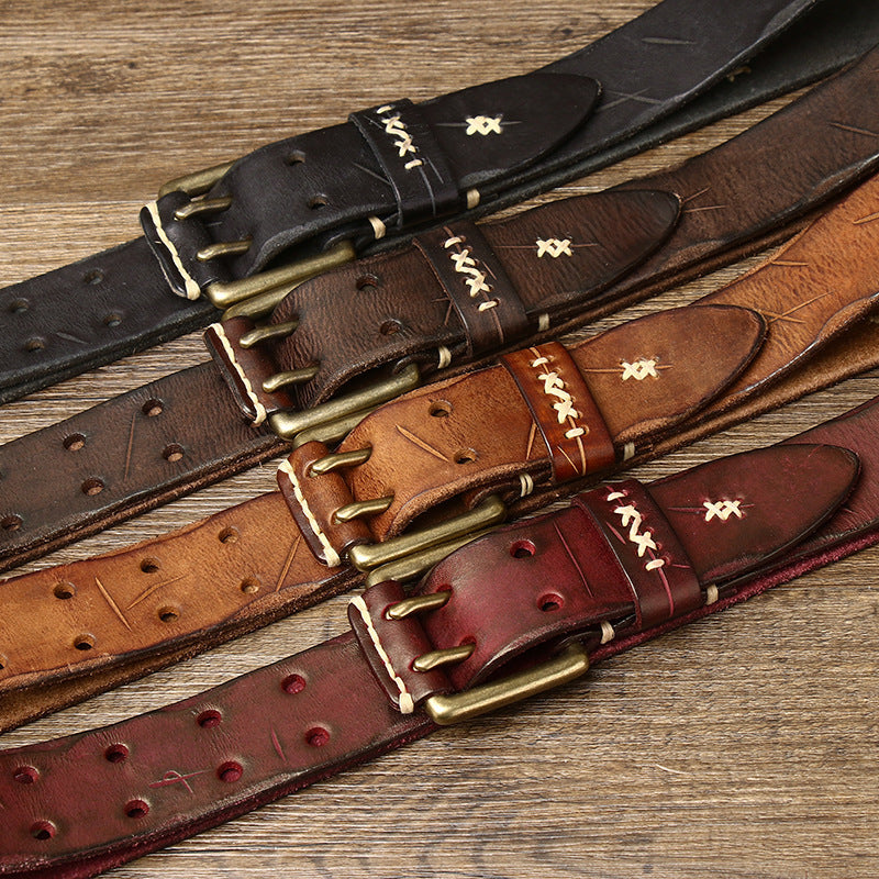 Vintage Distressed Men's Genuine Leather Belt, with Unique Stitching and Metal Buckle, Creating a Retro Trendy Style