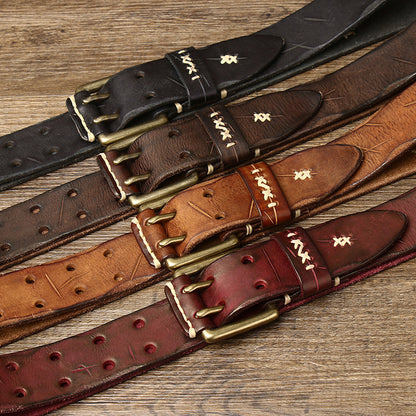 Vintage Distressed Men's Genuine Leather Belt, with Unique Stitching and Metal Buckle, Creating a Retro Trendy Style