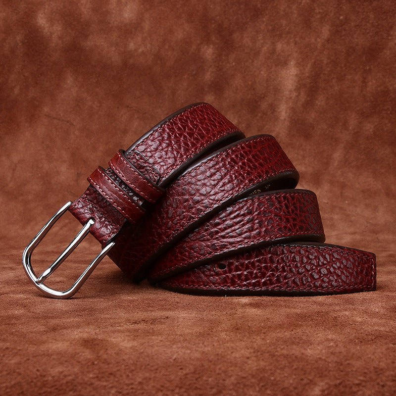 Textured Lychee Pattern Men's Genuine Leather Belt, Silver Pin Buckle for Business and Casual Wear in Multiple Colors