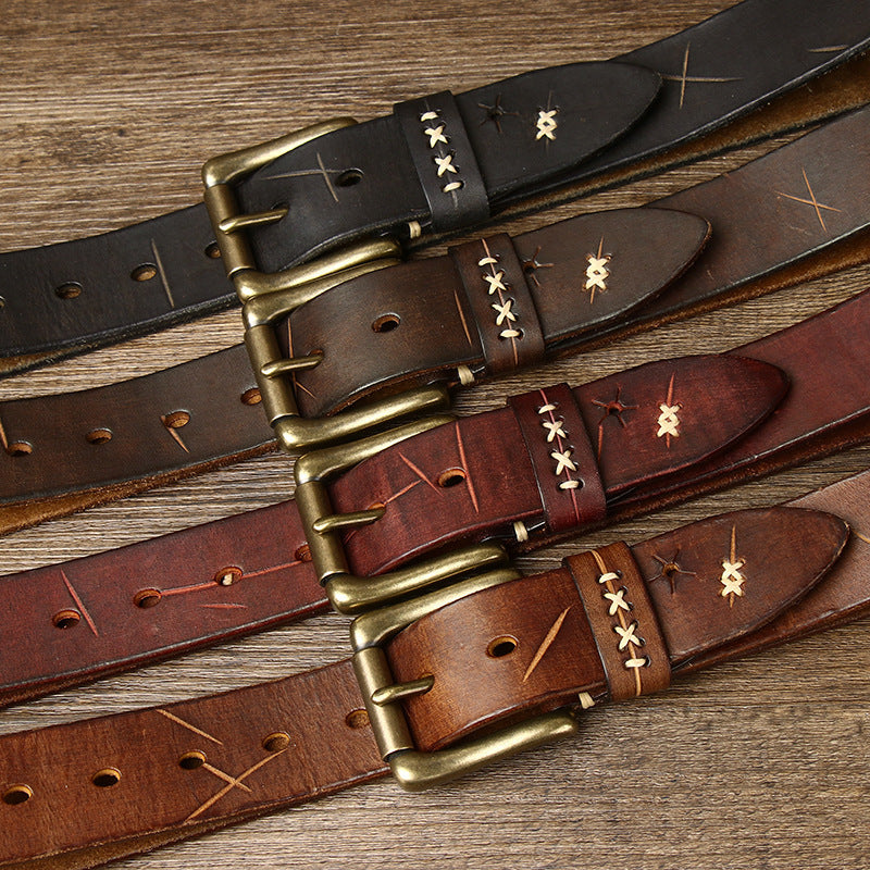 Vintage Distressed Men's Belt with Hand - Stitching
