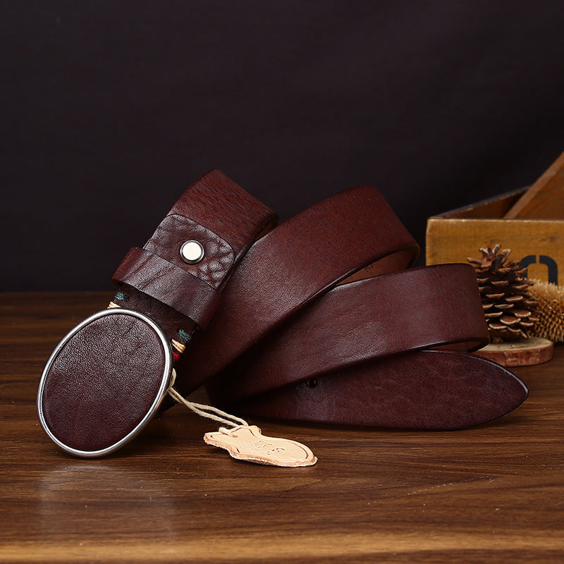 Black Genuine Leather Men's Belt, Oval Buckle Casual Waistband