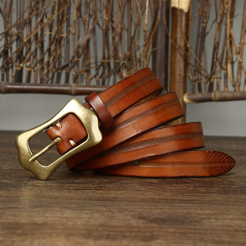 Retro Distressed Men's Genuine Leather Belt, Unique Wave Copper Buckle Hand-Embossed Belt