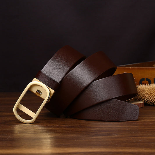Minimalist and Stylish Men's Genuine Leather Belt with Gold Oval Buckle for Business and Casual Wear