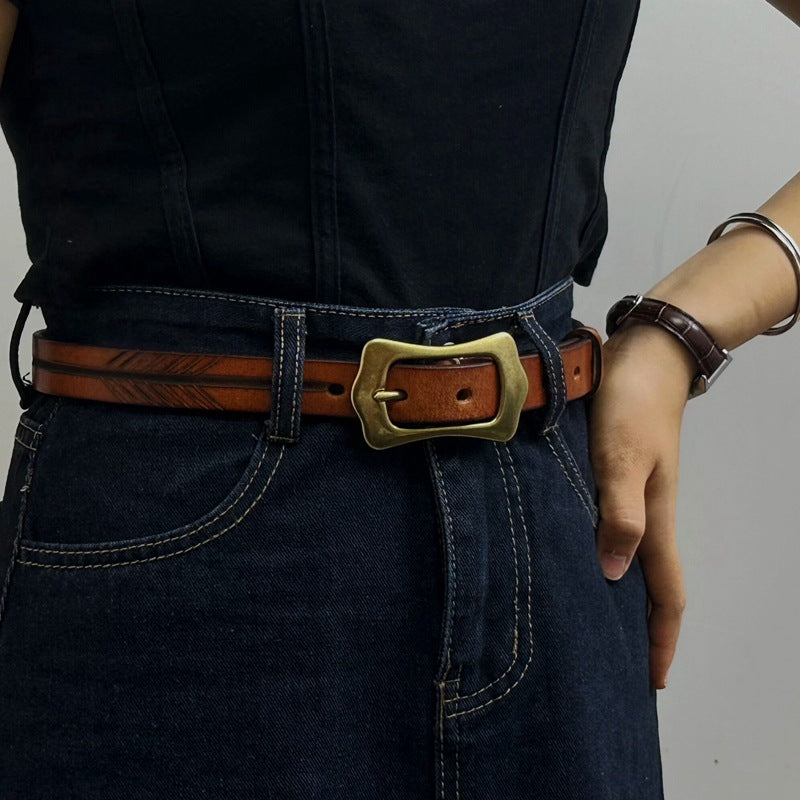 Retro Distressed Men's Genuine Leather Belt, Unique Wave Copper Buckle Hand-Embossed Belt