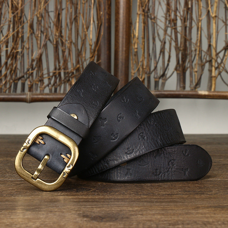 Men's Genuine Leather Belt with Bold Texture, Matte Metal Buckle Shapes a Stylish Silhouette