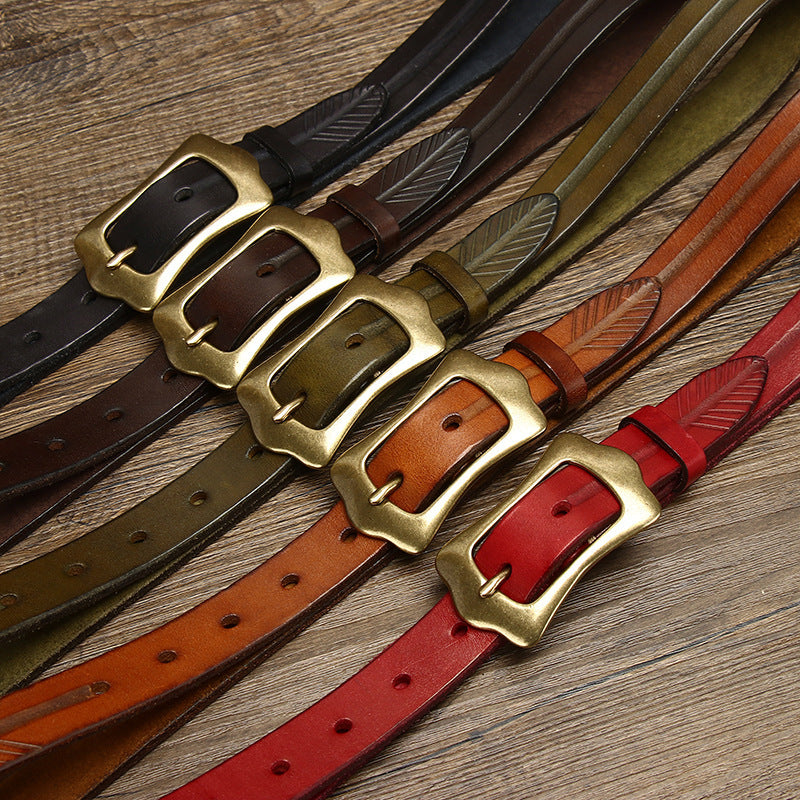 Retro Distressed Men's Genuine Leather Belt, Unique Wave Copper Buckle Hand-Embossed Belt