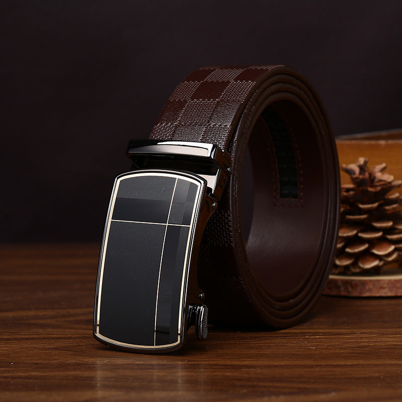 Men's Business Automatic Buckle Belt, Checkered Embossed Genuine Leather Belt, Light Luxury Metal Buckle Essential for Office Outfits