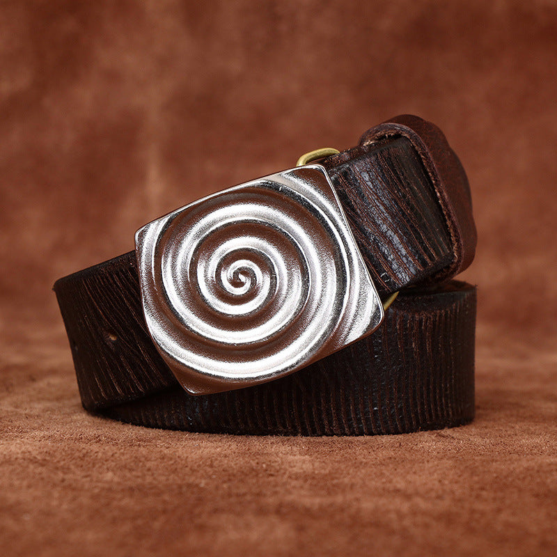 Retro Style Men's Cowhide Belt, Spiral Pattern Metal Buckle Multi-Color Trendy Waistband